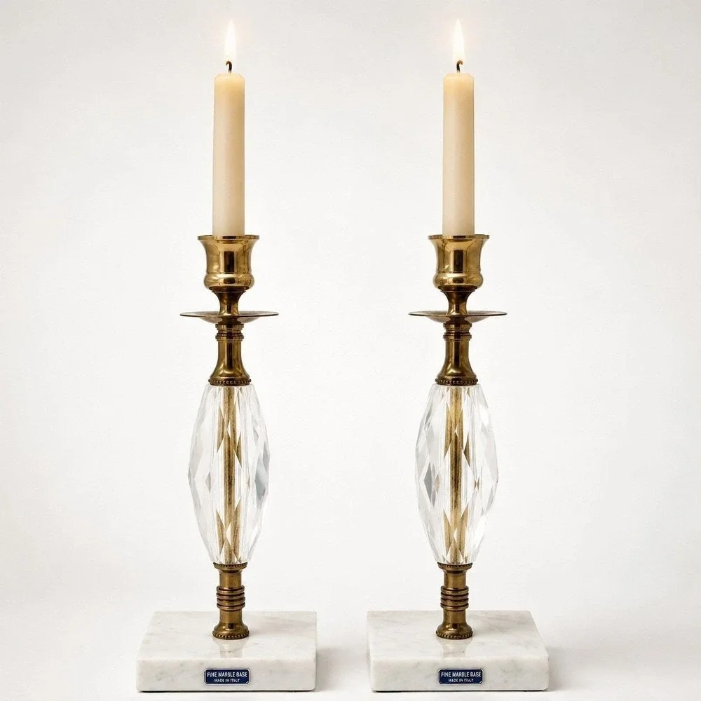 Vintage Marble, Crystal, Brass Italian Candlesticks Italy 10.5